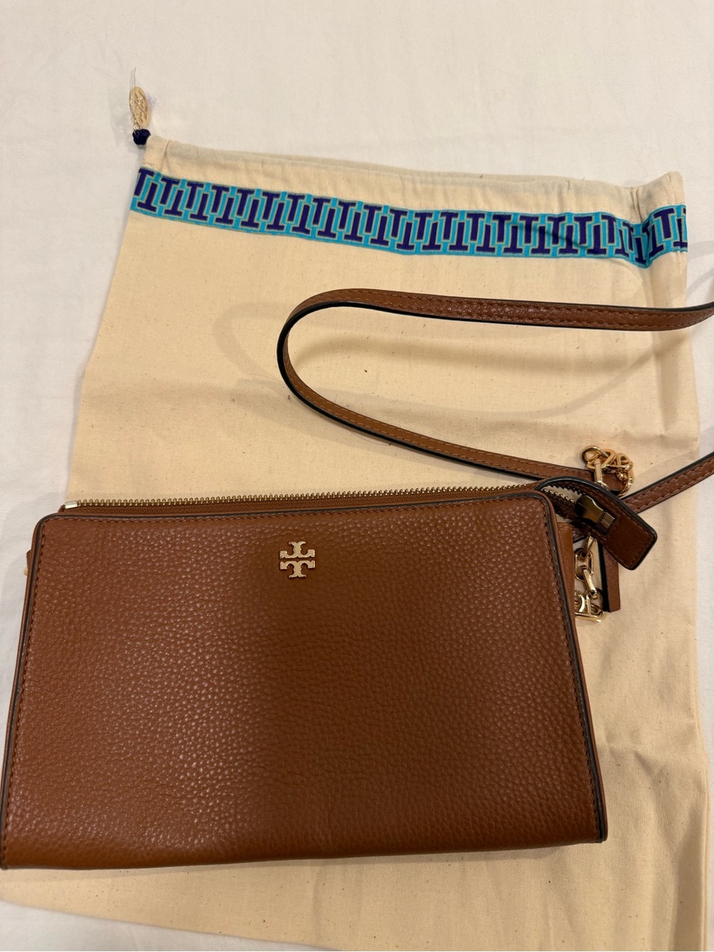 Tory Burch Chestnut Pebbled Leather Crossbody with Gold Logo